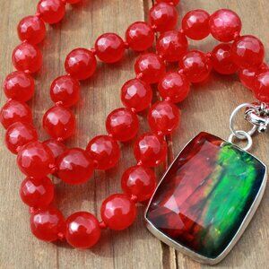 Hand-Knotted Red Jade Necklace with Ammolite Pendant 17 Inches